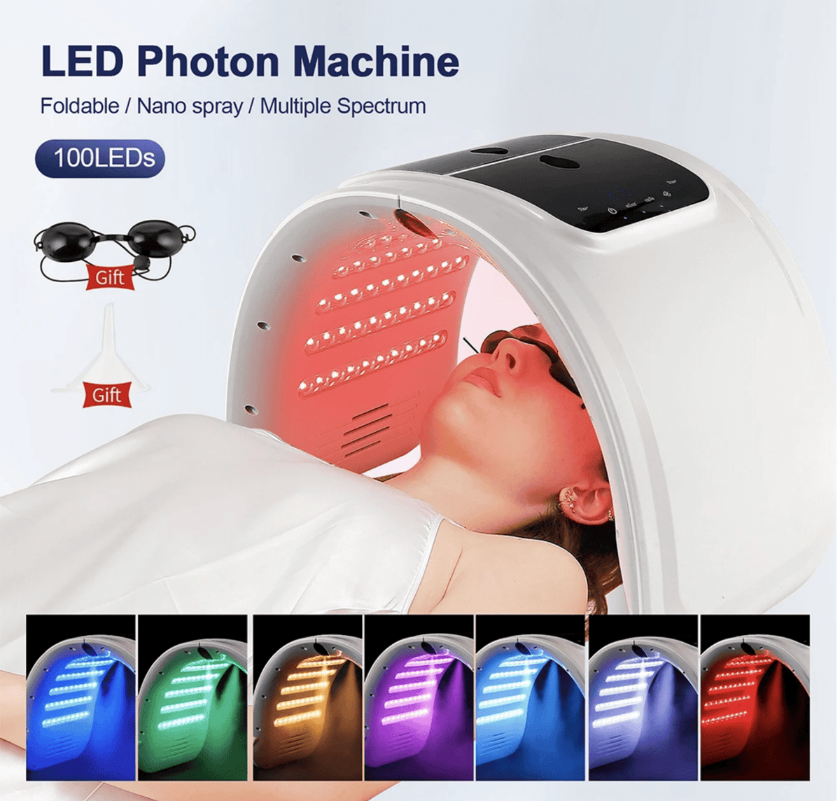 7-Color LED Red Light Therapy Mask, white hooded photon machine with red LEDs and a reclining user