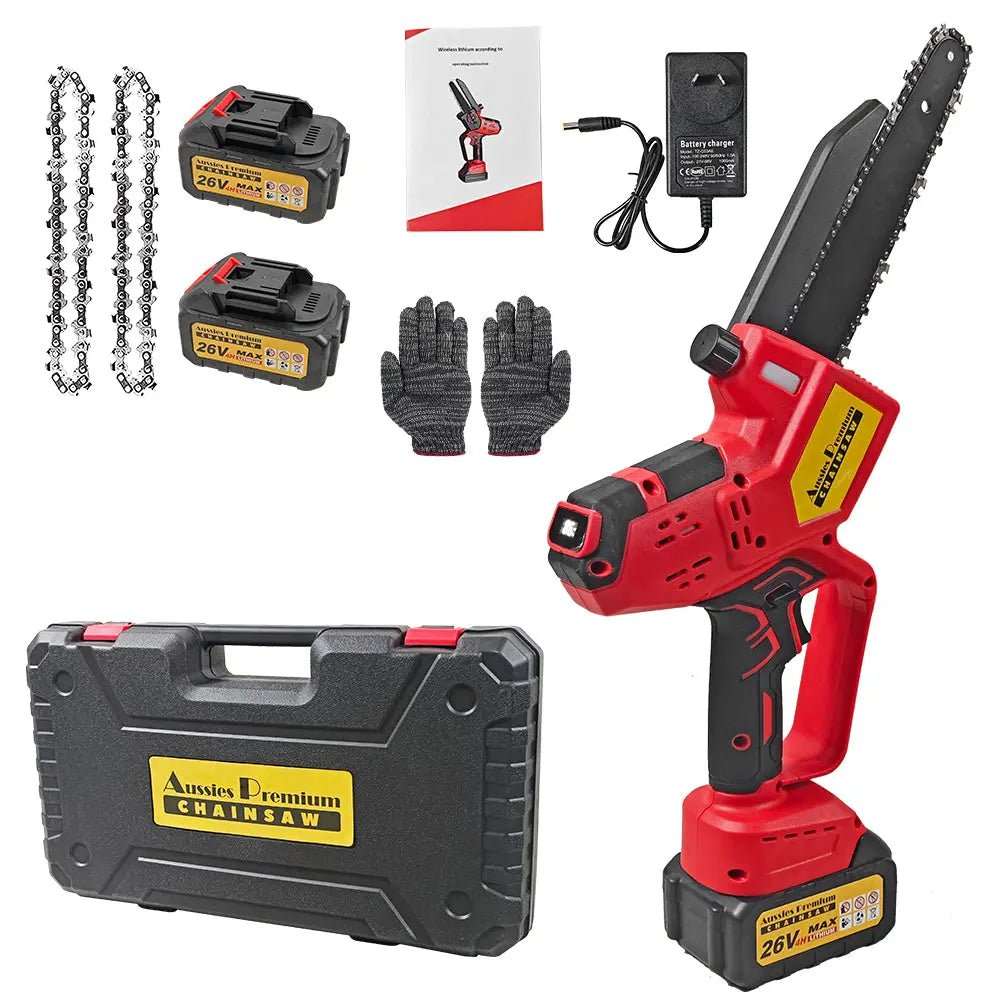 8 Inch Cordless Electric Chainsaw set with a red and black handheld saw, two batteries, chains, gloves, charger and case.