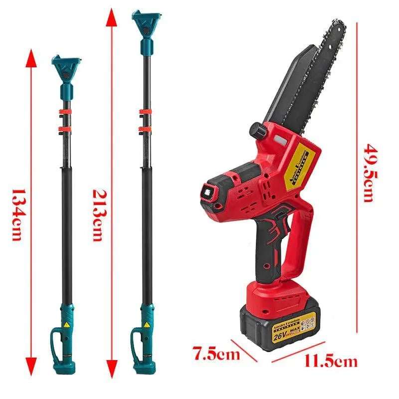 8 Inch Cordless Electric Chainsaw with a red and black body, black guide bar, yellow battery, and two telescoping pole attachments
