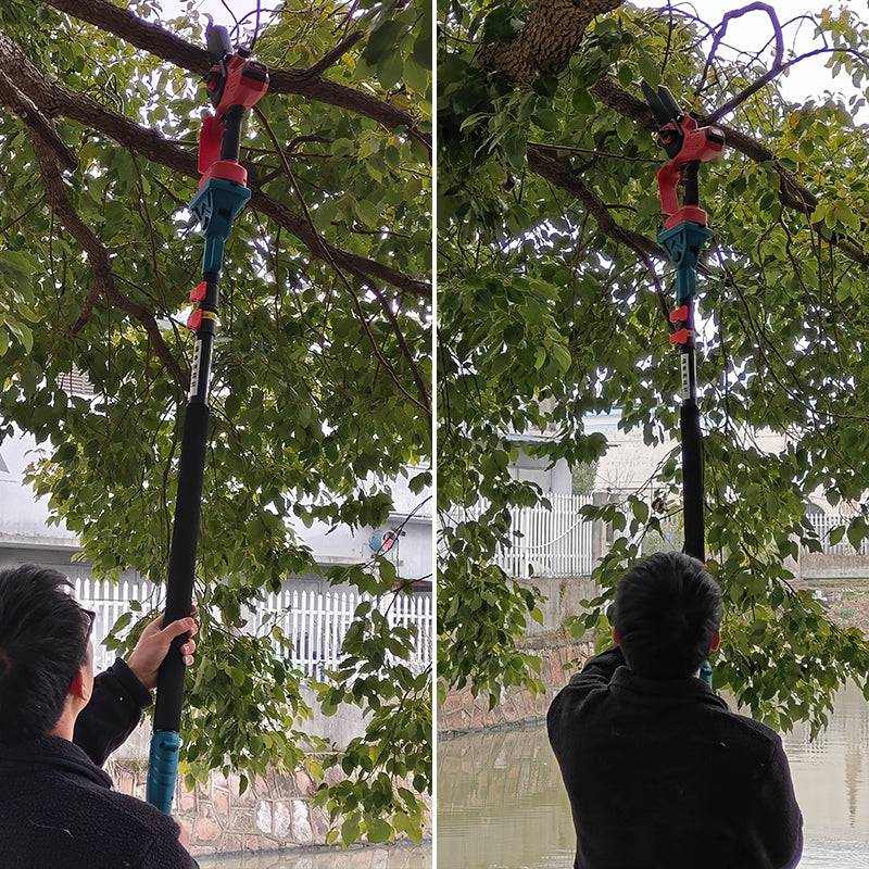8 Inch Cordless Electric Chainsaw with red and blue pole-mounted body, cutting branches high in a leafy tree