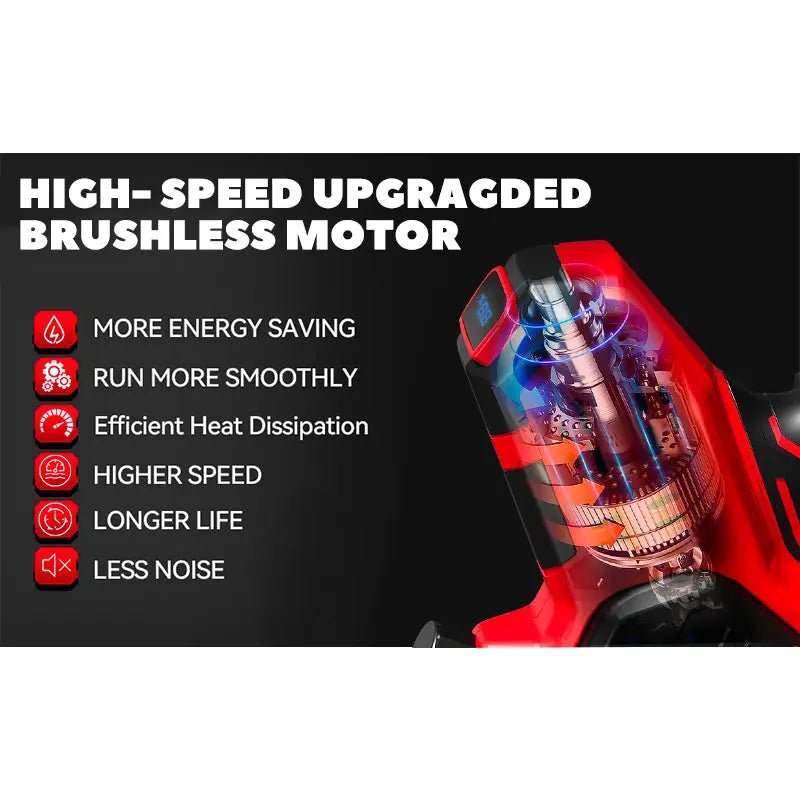 8 Inch Cordless Electric Chainsaw with a red brushless motor, shown in a cutaway view highlighting internal components