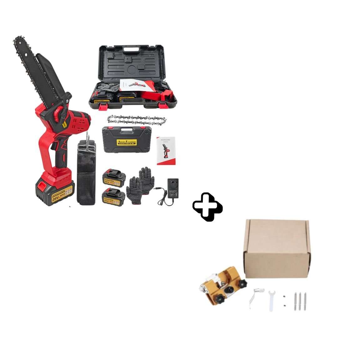 8 Inch Cordless Electric Chainsaw in red and black with battery, carry case, charger, gloves and accessories