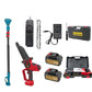 8 Inch Cordless Electric Chainsaw in red and black with batteries, charger, chains, carrying case and pole attachment