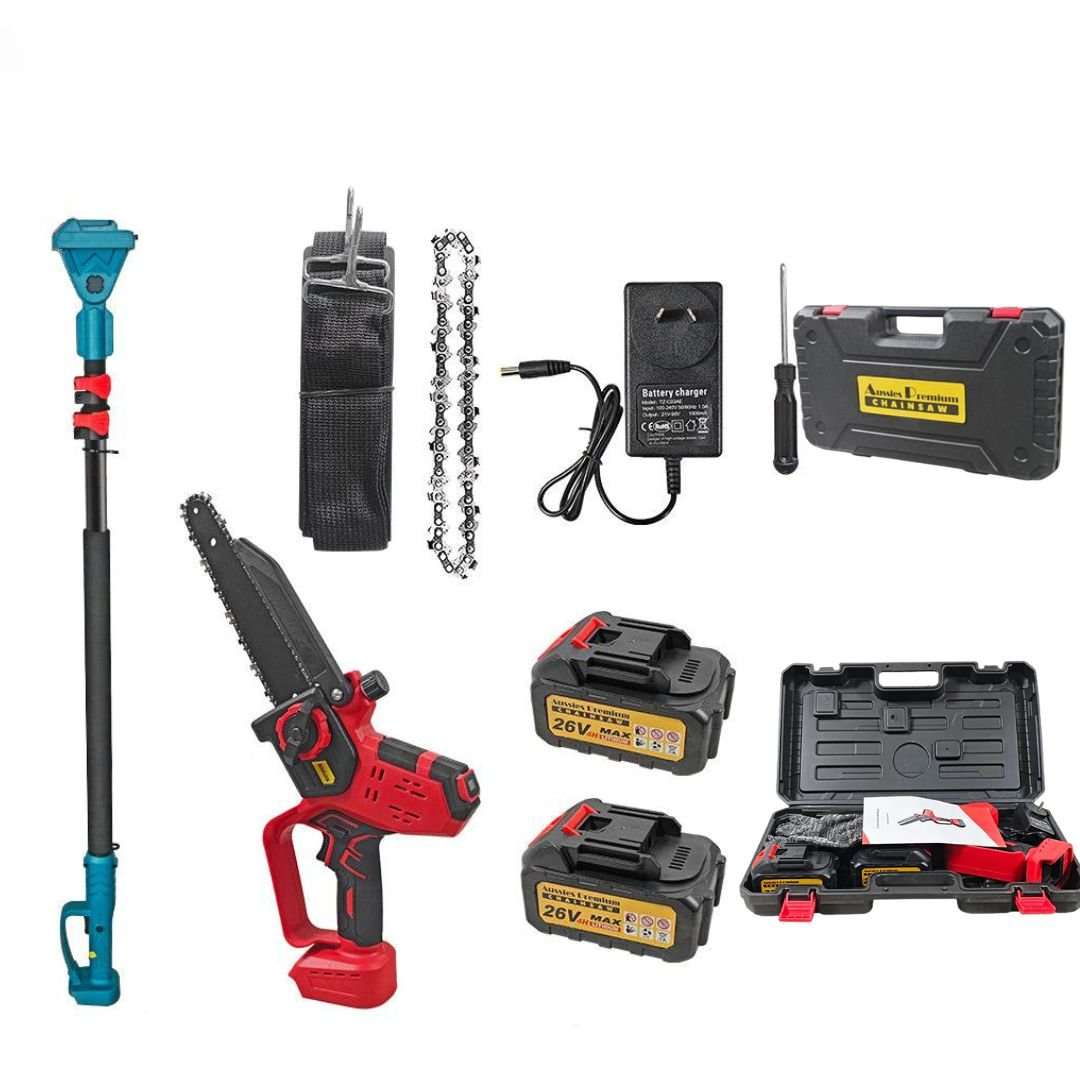 8 Inch Cordless Electric Chainsaw in red and black with batteries, charger, chains, carrying case and pole attachment