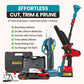 8 Inch Cordless Electric Chainsaw with red and black body, bar, extension pole, scissors, batteries and carry case