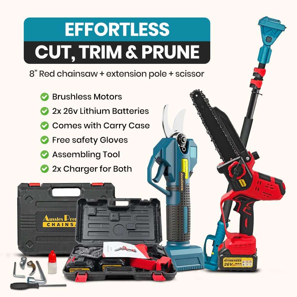 8 Inch Cordless Electric Chainsaw with red and black body, bar, extension pole, scissors, batteries and carry case