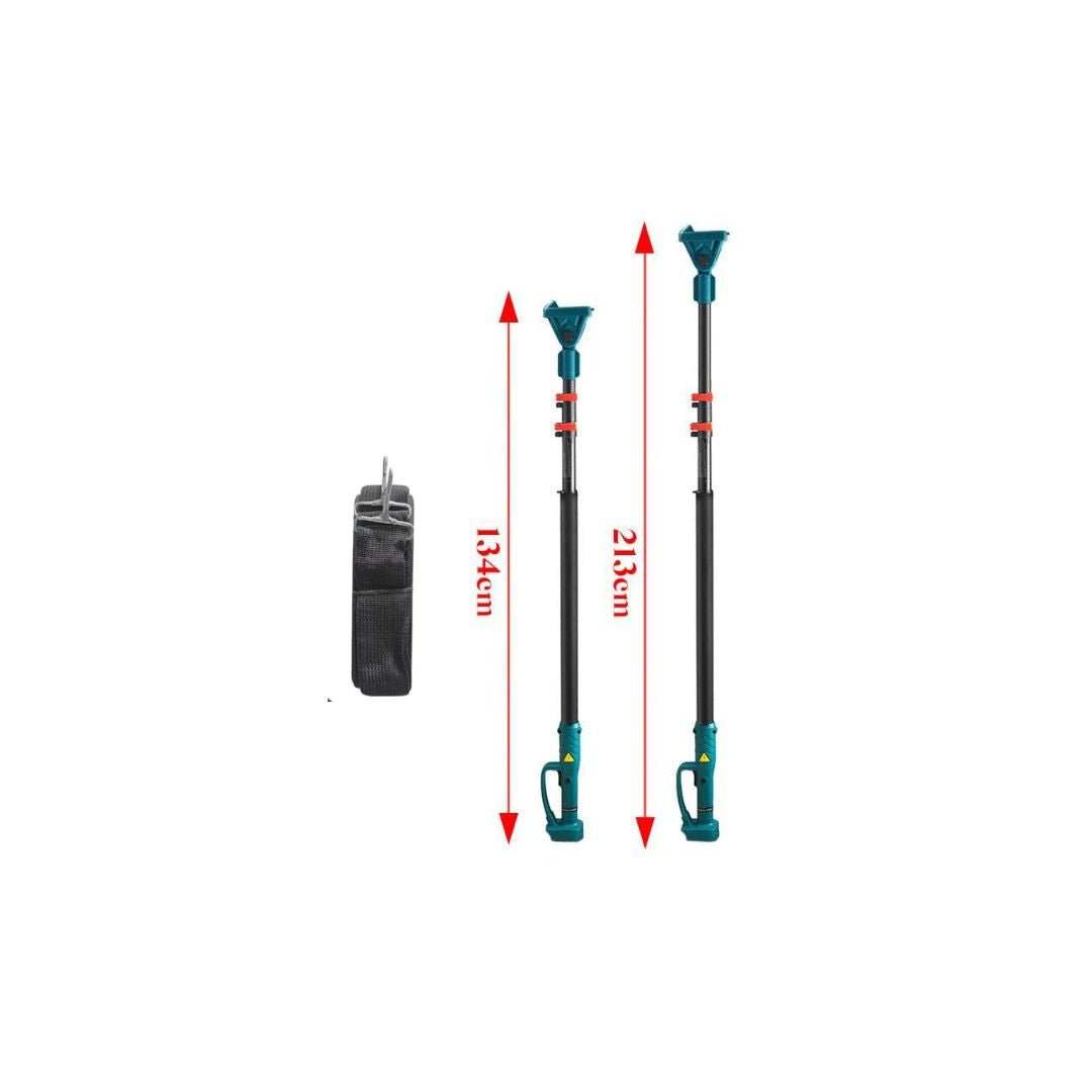 8 Inch Cordless Electric Chainsaw with two teal telescopic pole tools and a black battery, marked 134cm and 213cm