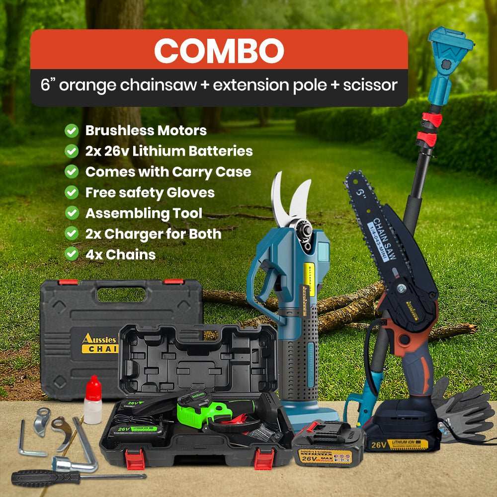 Cordless Chainsaws Pruning Shears Combo Deal with orange and black chainsaw, blue extension pole, pruning shears and accessories