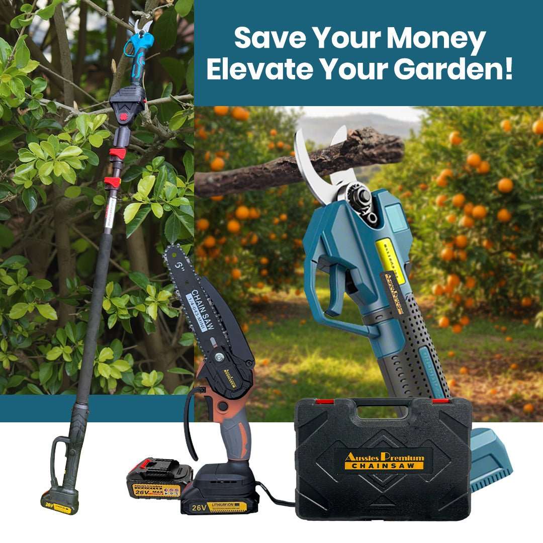 Cordless Chainsaws Pruning Shears Combo Deal with blue and black tools, extension pole, battery and carry case