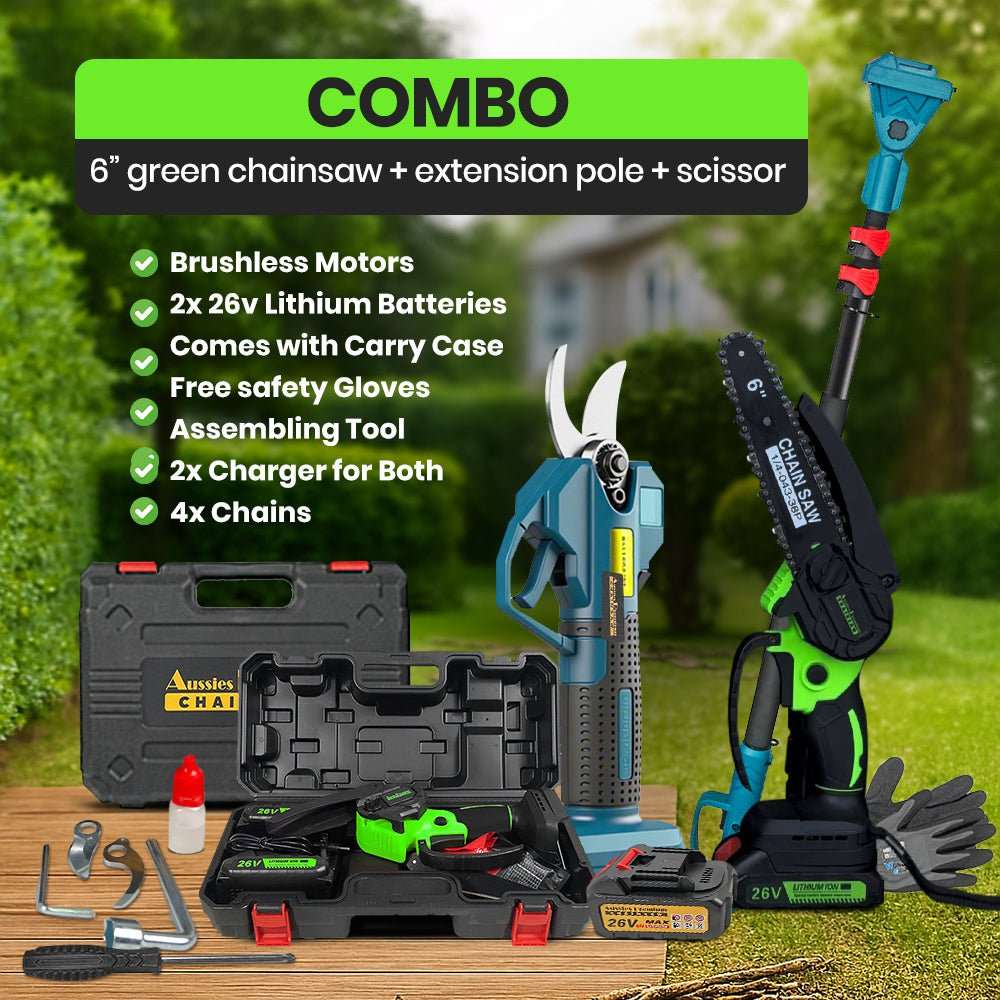 Cordless Chainsaws Pruning Shears Combo Deal with green and black tools, blue extension pole, batteries and carry case