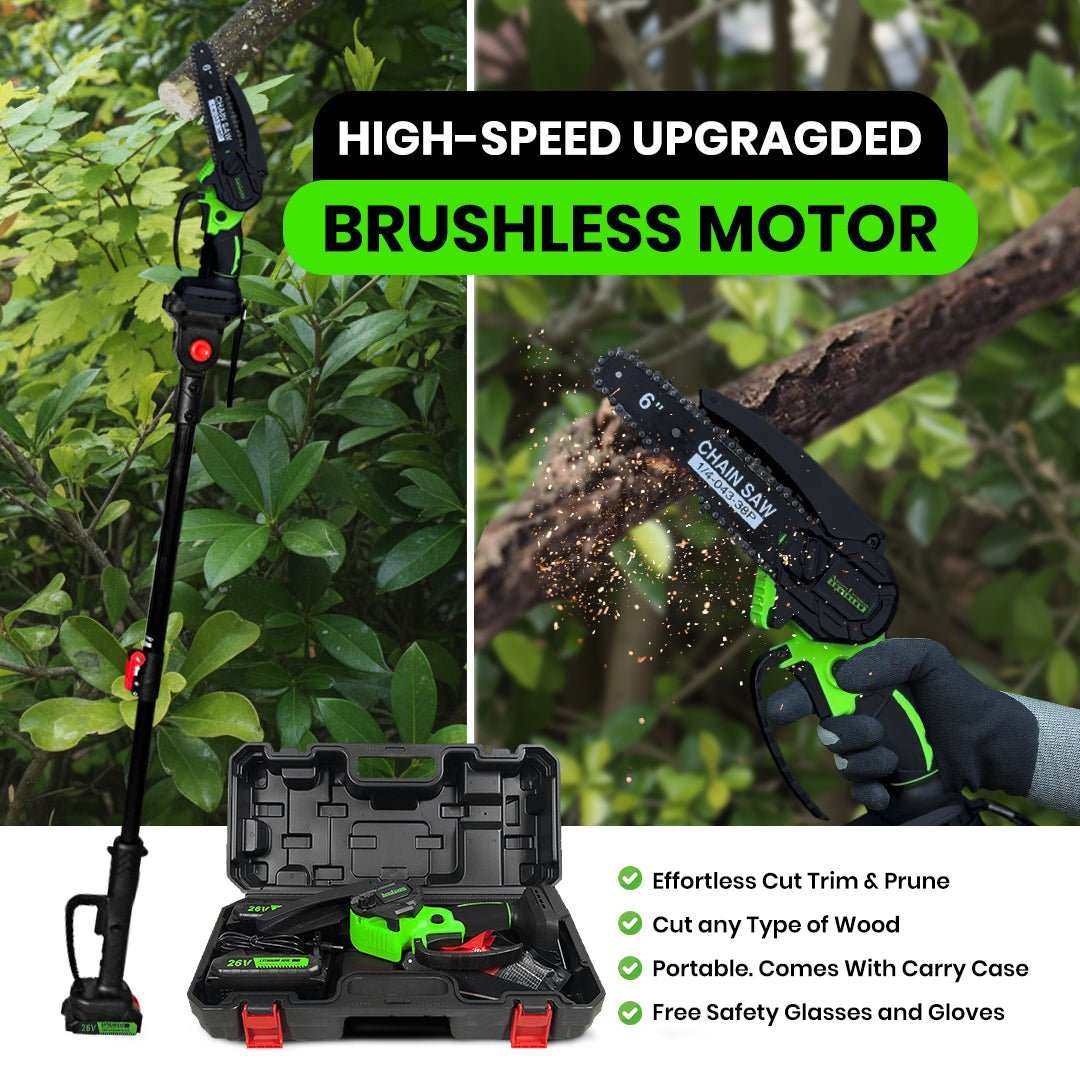 Cordless Chainsaws Pruning Shears Combo Deal with black and bright green tools, a pole saw, chainsaw and carry case