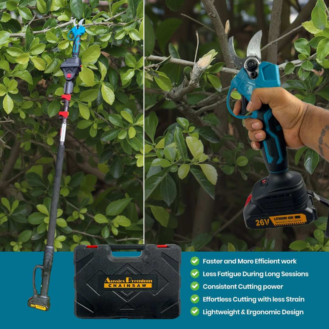 Cordless Chainsaws Pruning Shears Combo Deal with blue and black pole pruner, handheld pruning shears and carry case