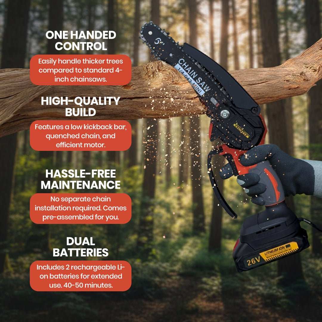 Cordless chainsaw in black and orange with a 26V battery, cutting a thick branch with one-handed control