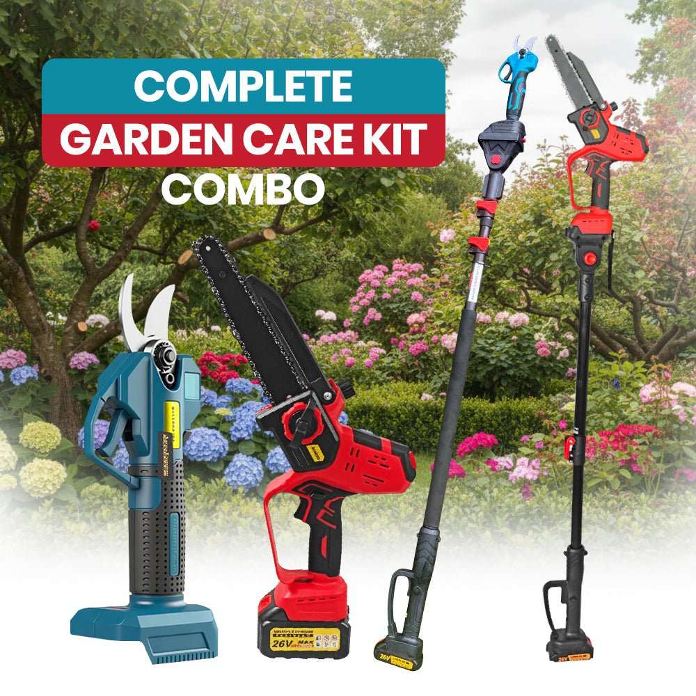 Cordless Chainsaws Pruning Shears Combo Deal with red and teal cordless tools, black extension poles and battery packs