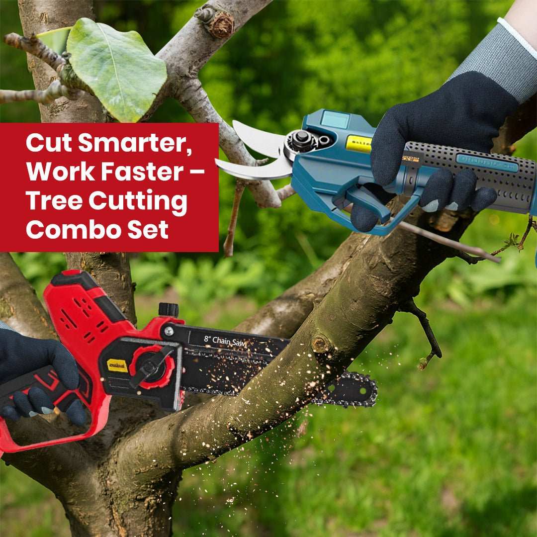 Cordless Chainsaws Pruning Shears Combo Deal with a red and black chainsaw and blue pruning shears cutting tree branches