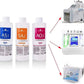 Aqua Peel Solution Set with three white plastic bottles, featuring blue, orange, and magenta labels marked AS1, SA2, and AO3.