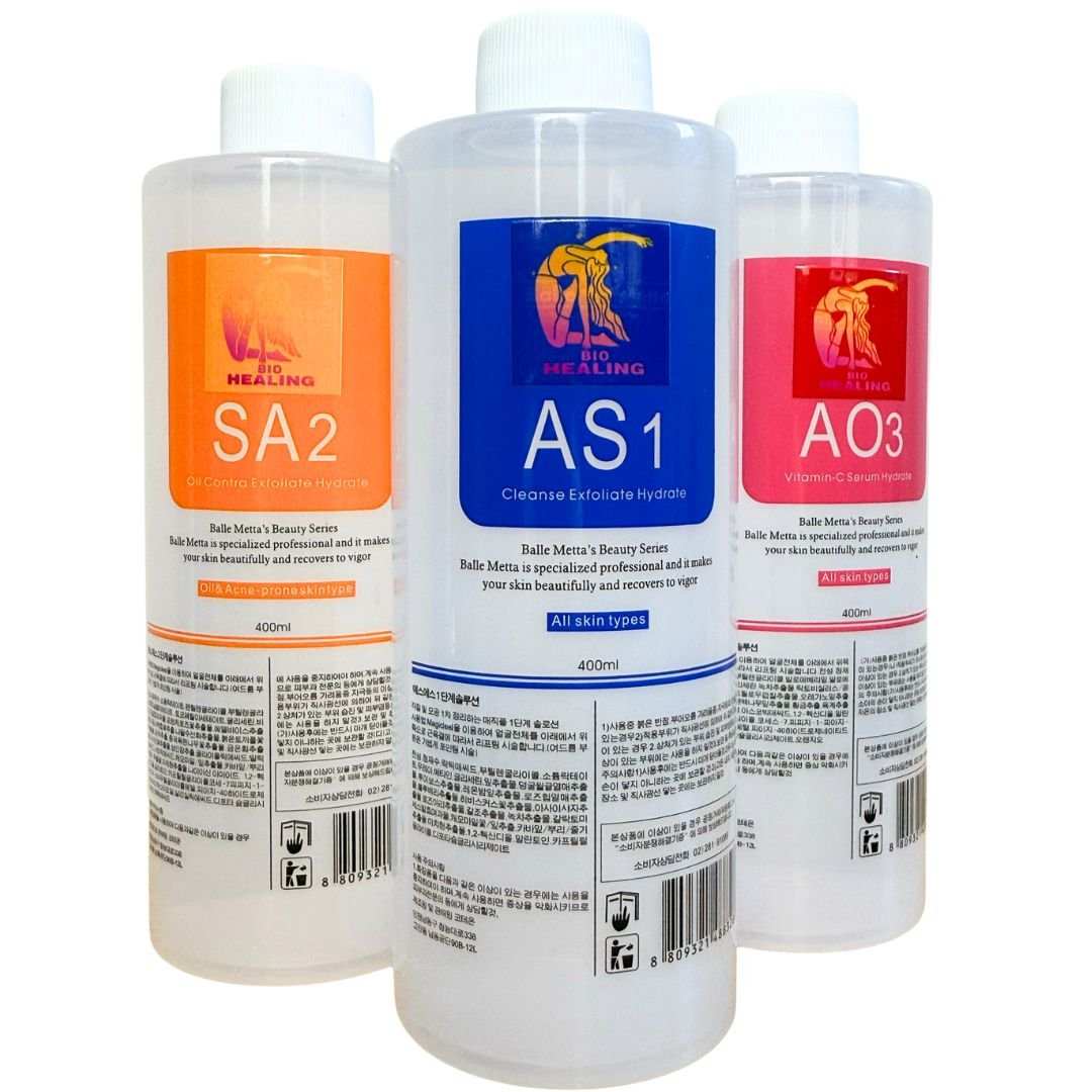 Aqua Peel Solution Set with three translucent 400 ml bottles, white caps and orange, blue and red labels