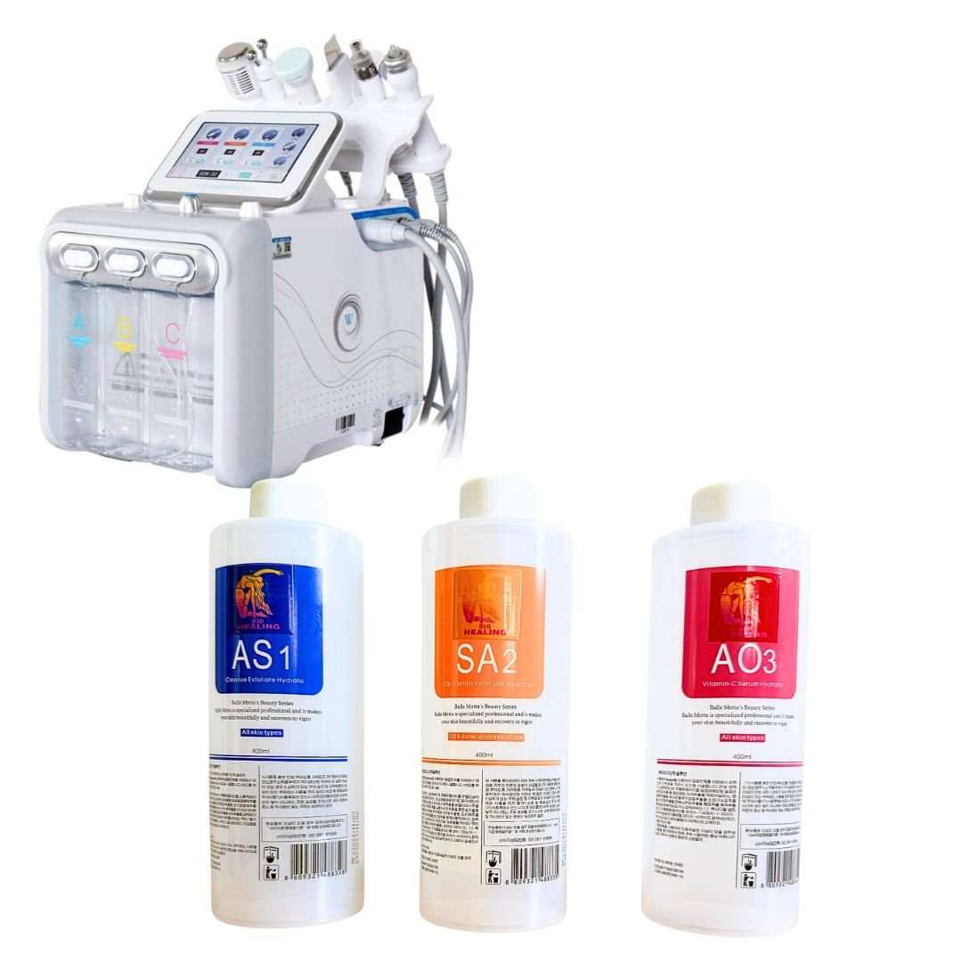 Aqua Peel Solution Set featuring three white bottles with blue, orange, and red labels beside a white hydrodermabrasion machine