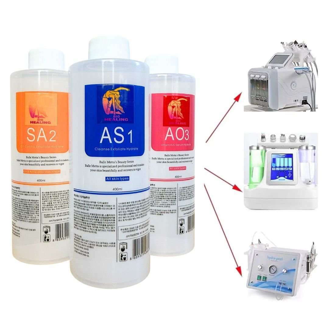 Aqua Peel Solution Set with three translucent bottles labeled SA2, AS1, and A03 in orange, blue, and red