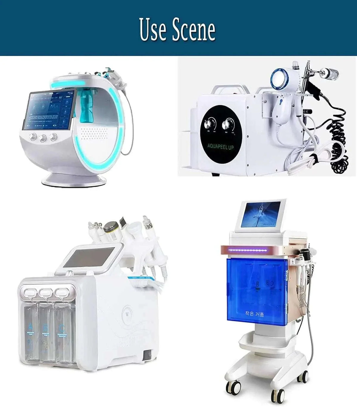 Aqua Peel Solution Set with four white hydrodermabrasion machines featuring touchscreens, hoses, treatment handles and solution canisters