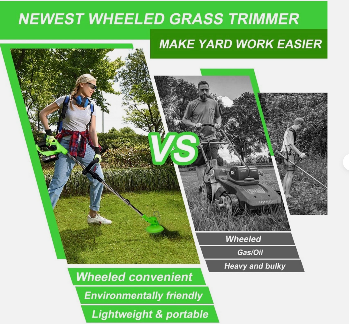 Australia’s No. 1 ElectricAus cordless grass trimmer with a bright green cutting head, shown as a lightweight alternative to bulky wheeled mowers