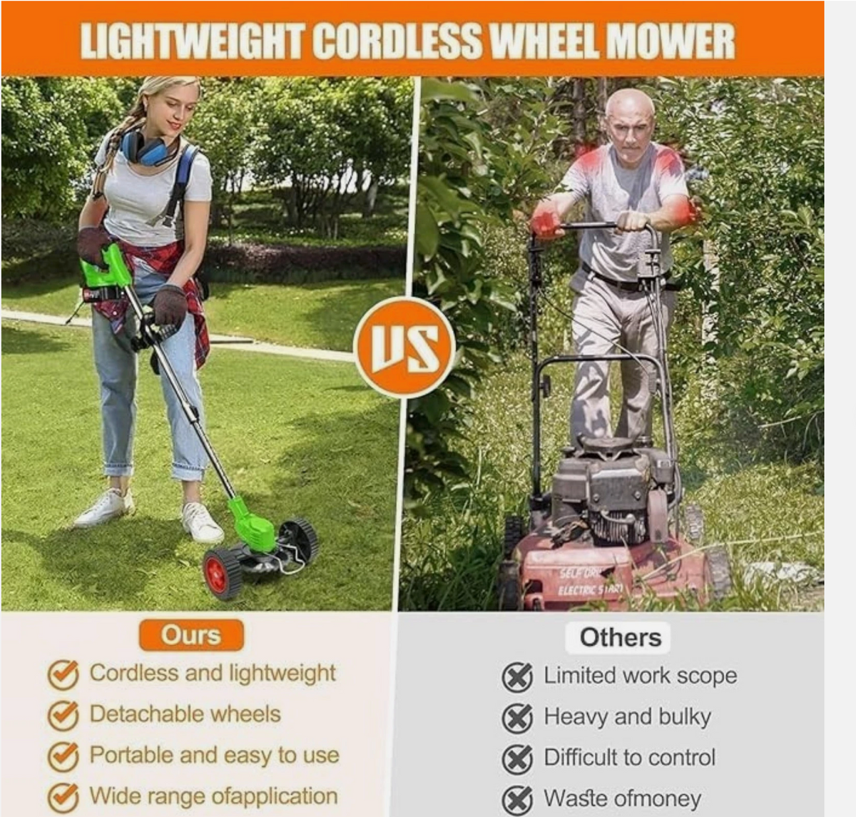Australia’s No. 1 ElectricAus cordless lawn mower comparison graphic, showing a green wheeled trimmer and bulky red mower