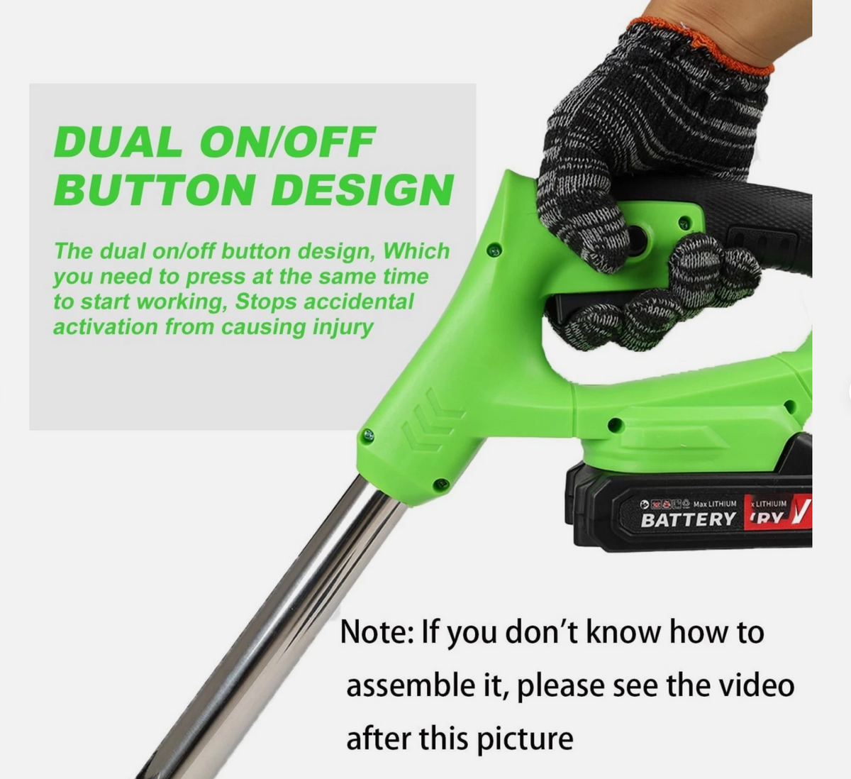 Cordless grass trimmer with bright green handle, black battery and dual on/off safety button, held by a gloved hand; Australia’s No. 1 ElectricAus