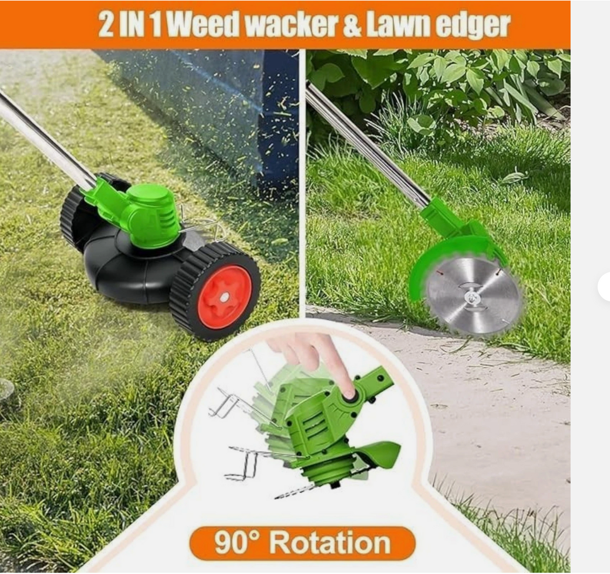 Australia’s No. 1 ElectricAus cordless grass trimmer in green and black, shown with wheel edger and circular blade attachments.