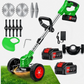 Australia’s No. 1 ElectricAus cordless grass trimmer with a green and silver shaft, red wheels, and assorted cutting blades