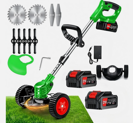 Australia’s No. 1 ElectricAus cordless grass trimmer with a green and silver shaft, red wheels, and assorted cutting blades