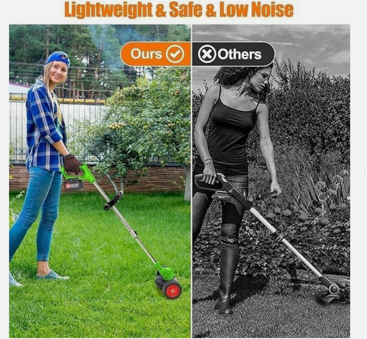 Australia’s No. 1 ElectricAus grass trimmer shown in green with a long silver shaft and red cutting head, compared with another trimmer