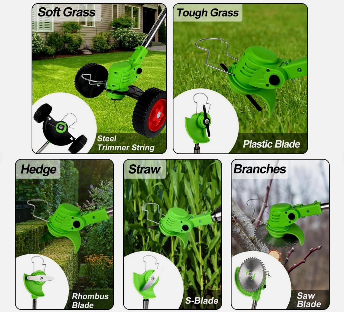 Australia’s No. 1 ElectricAus grass trimmer with a bright green head and interchangeable steel, plastic, rhombus, S-shaped and saw blades
