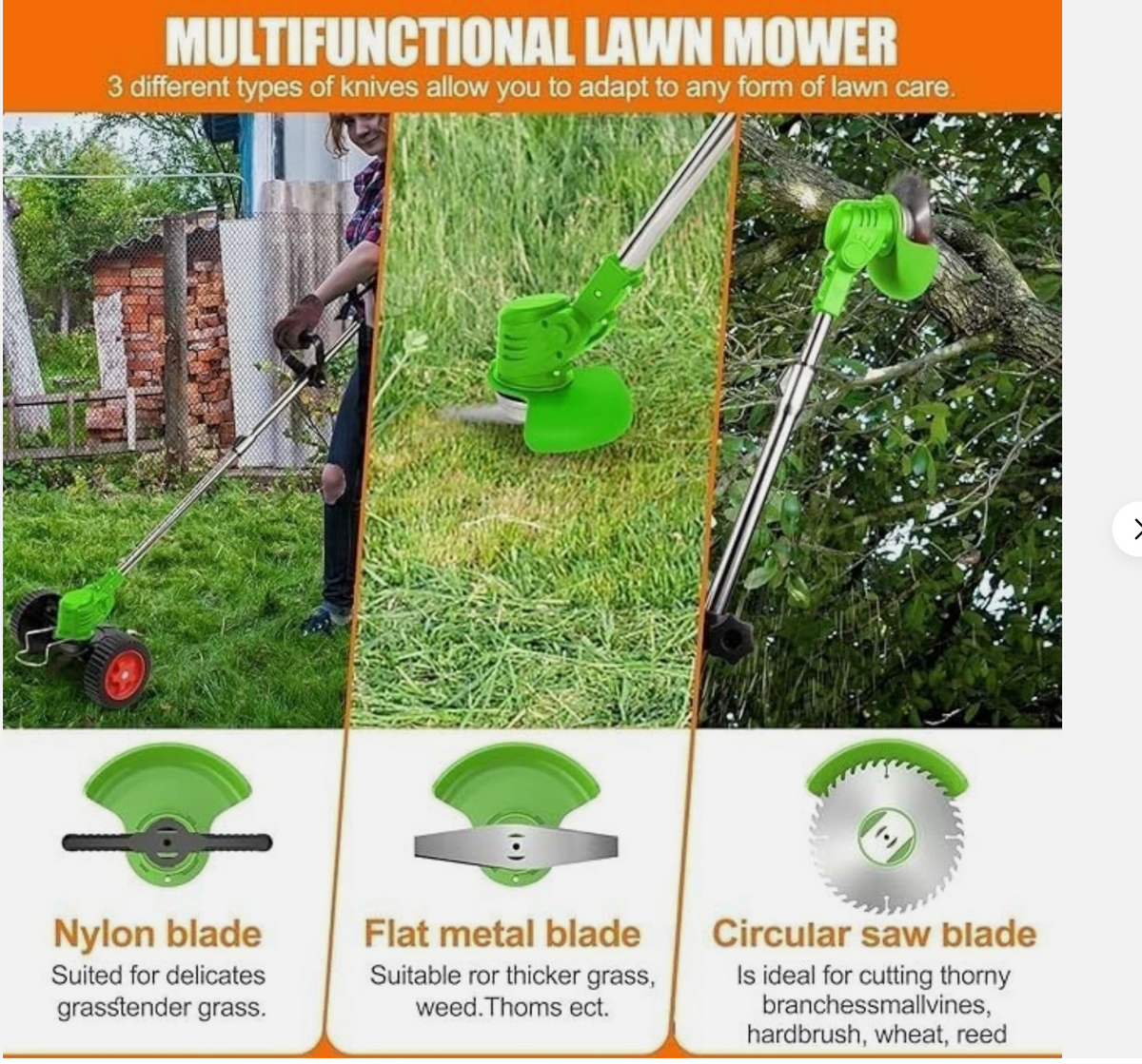 Australia’s No. 1 ElectricAus multifunctional lawn trimmer with a green head and nylon, flat metal and circular saw blades