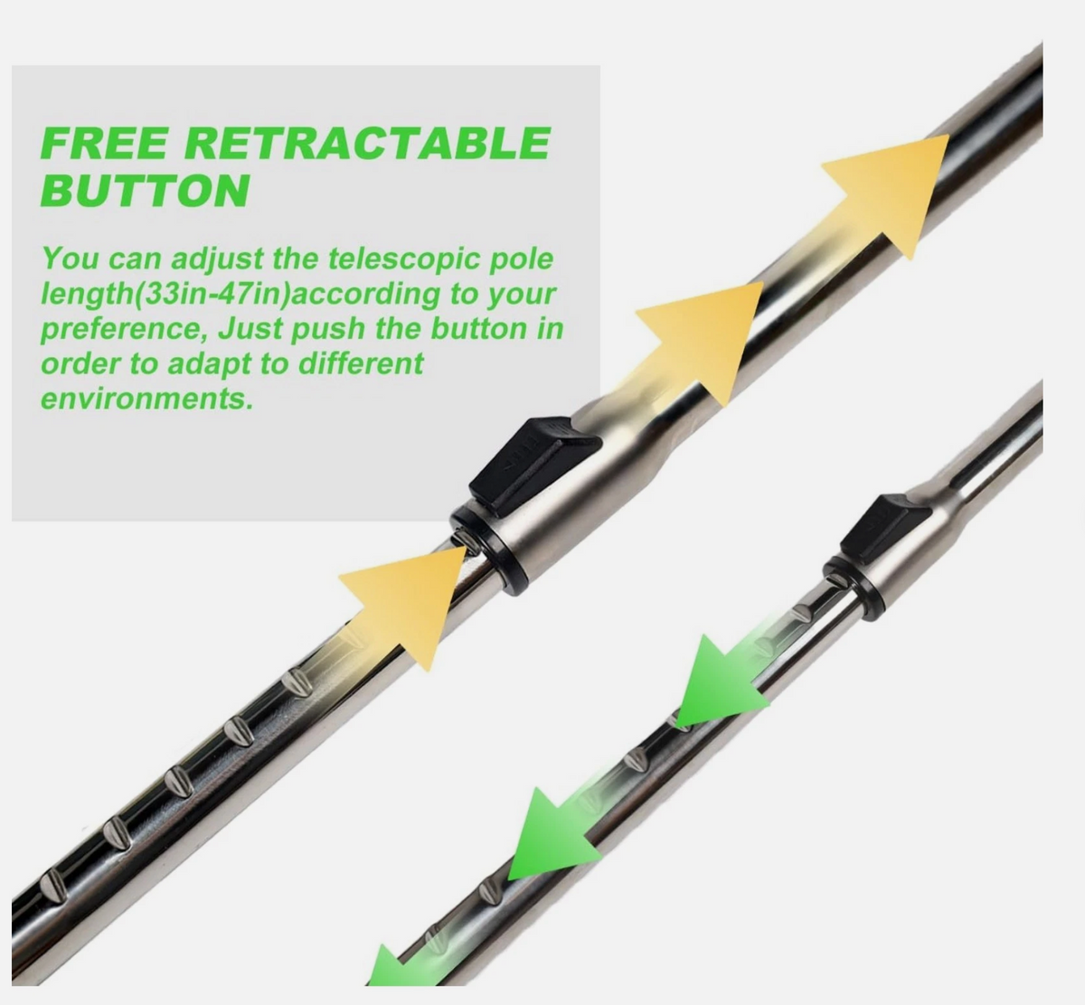 Electric grass trimmer telescopic pole in silver metal with black adjustment buttons and arrows showing extension and retraction; Australia’s No. 1 ElectricAus