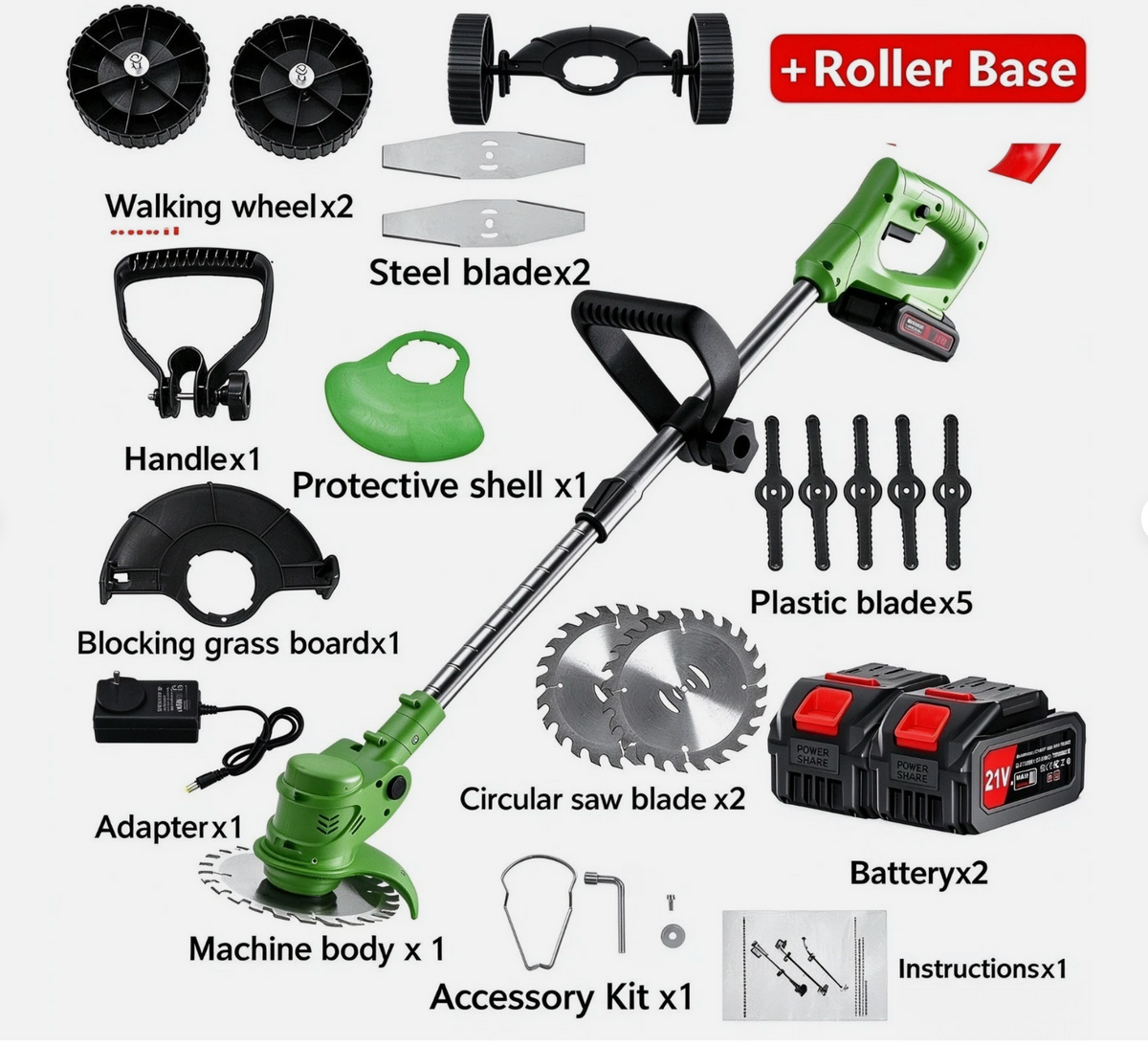 Electric grass trimmer Australia’s No. 1 ElectricAus, green and black with telescopic shaft, roller base, blades and batteries