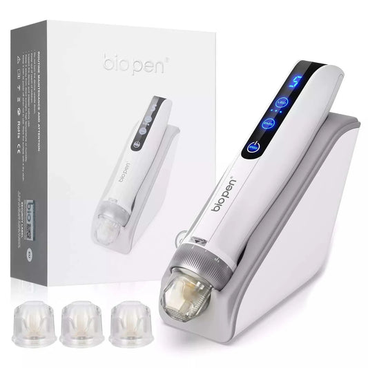 Bio-pen Electric Micro-Needling Device with a white pen, black blue-lit controls, gray charging base and three clear cartridges
