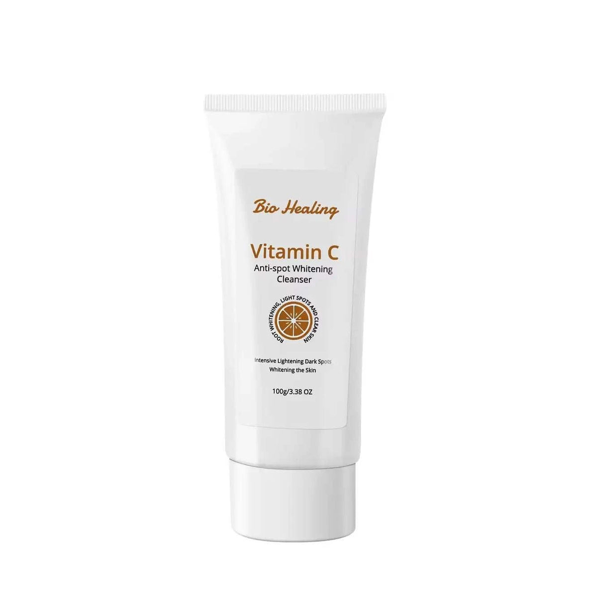 Dark Spot Whitening Cleanser in a white plastic tube, with orange Vitamin C lettering and a citrus slice emblem.