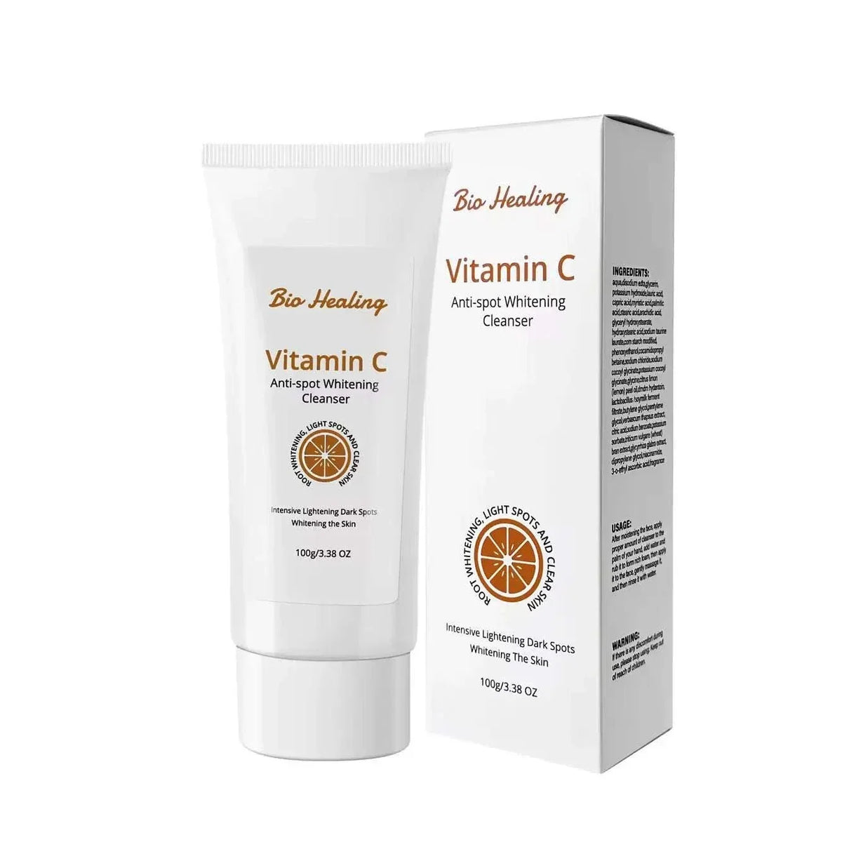 Dark Spot Whitening Cleanser in white tubes and cartons, featuring brown and orange Vitamin C branding and citrus logo