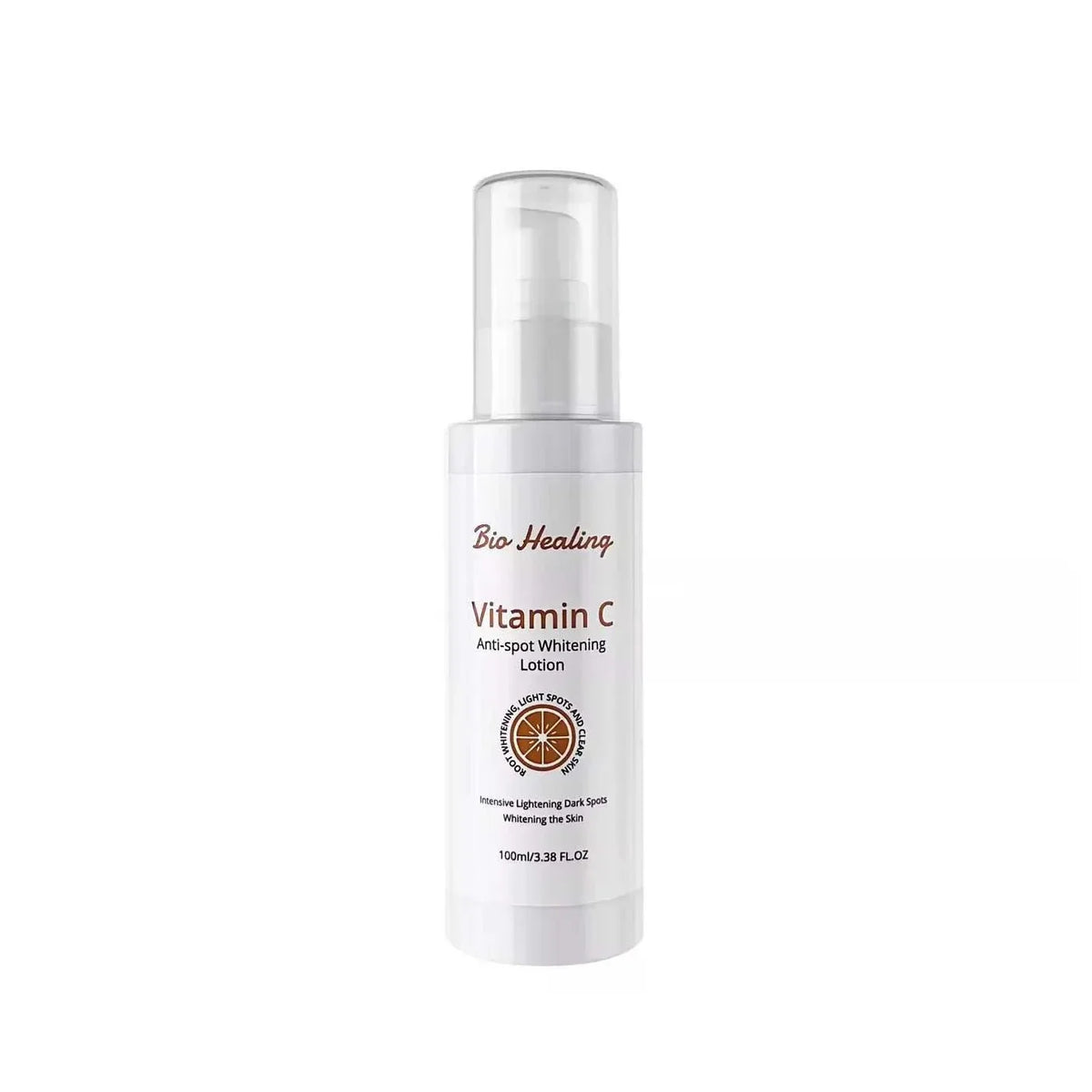 Dark Spot Whitening Lotion in a white Bio Healing Vitamin C pump bottle with a clear cap and minimal label