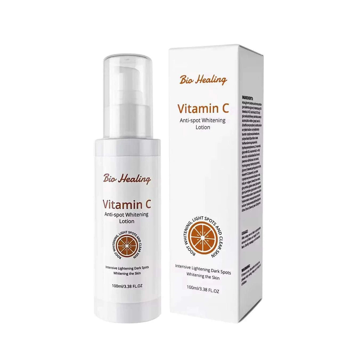 Dark Spot Whitening Lotion in a white cylindrical pump bottle with matching box, orange Vitamin C and citrus graphics.