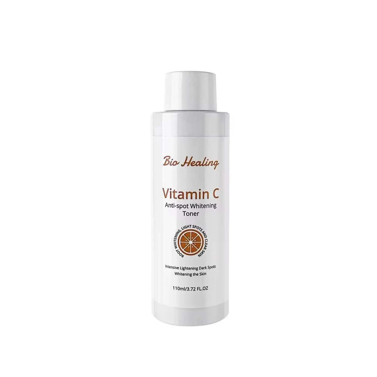 Dark Spot Whitening Toner in a clear cylindrical bottle with a white cap, orange Vitamin C label, and citrus graphic.