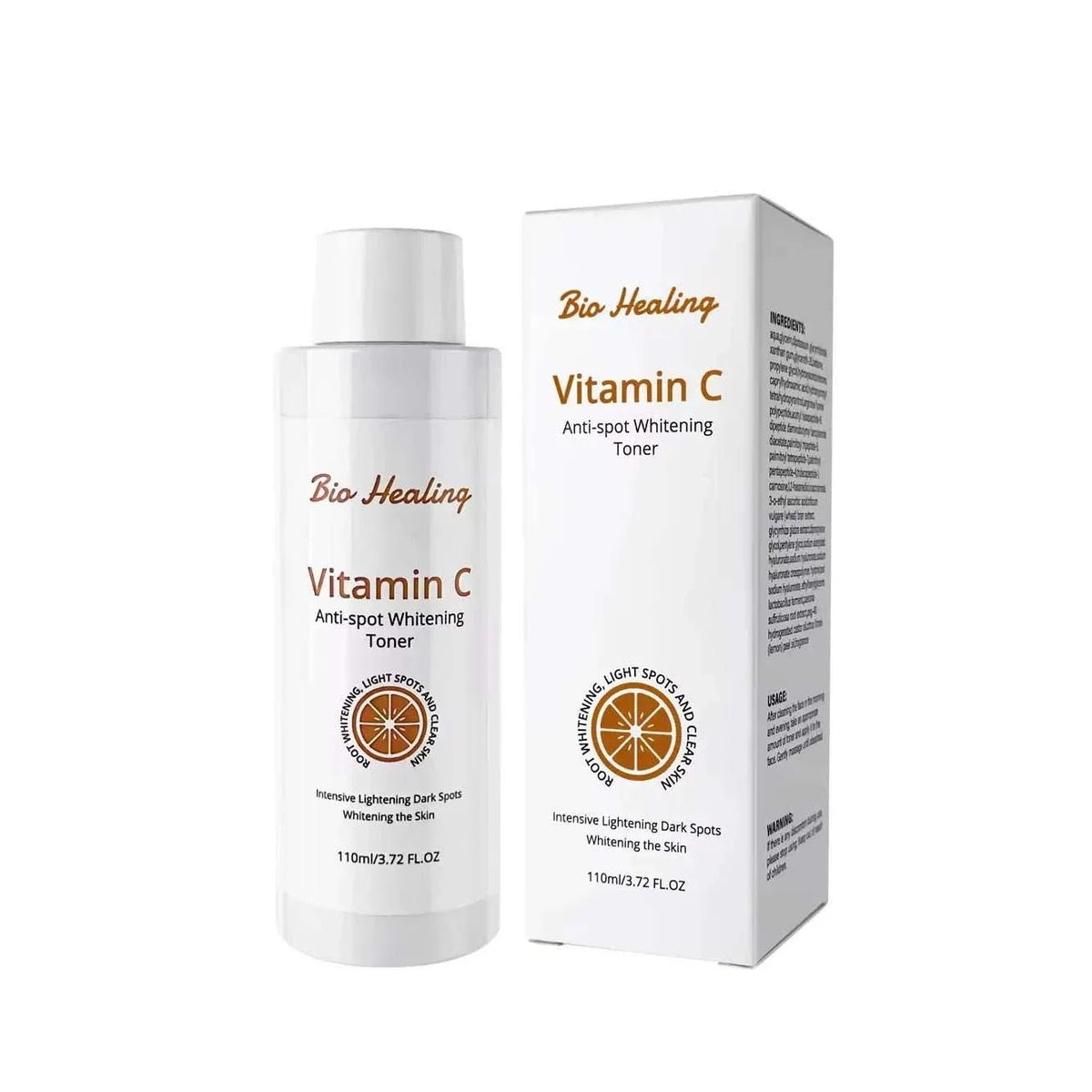 Dark Spot Whitening Toner in a white Vitamin C bottle and matching box, with brown and orange label details