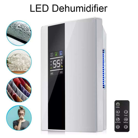 Dehumidifier with Photocatalyst Purification, white plastic unit with black LED control panel and remote control