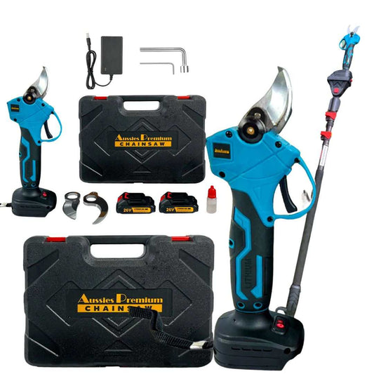 Electric Pruning Shears with a blue and black cordless handle, silver curved blade, battery, charger, and hard case.