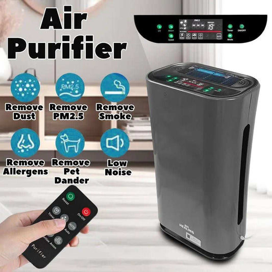 HEPA13 Air Purifier with a dark grey plastic body, glossy black control panel, digital display and remote control.