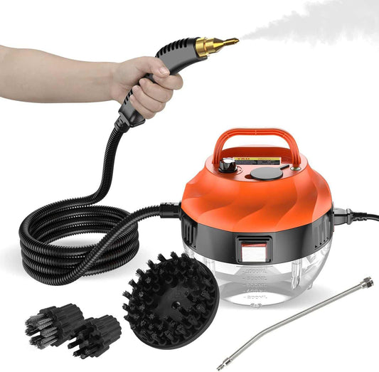 High Temp Steam Cleaner with an orange and white plastic body, black coiled hose, brass nozzle, and assorted brush attachments.