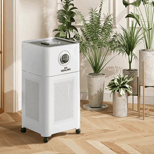 Air purifier and humidifier with Hospital-Grade HEPA 13 filtration, white perforated casing, purple accent band and digital display