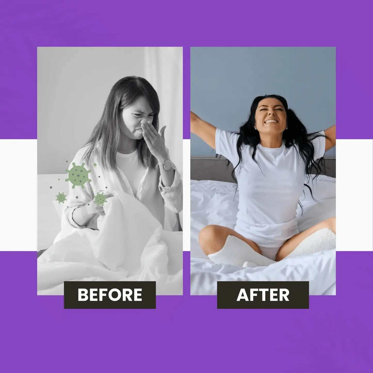 Hospital-Grade HEPA 13 air purifier benefits shown in a before-and-after graphic with women in bed and virus icons