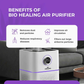 Hospital-Grade HEPA 13 air purifier in white with a purple accent band and digital display, shown with benefit icons