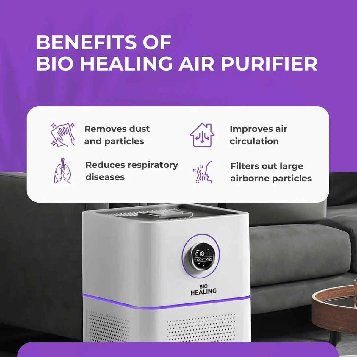 Hospital-Grade HEPA 13 air purifier in white with a purple accent band and digital display, shown with benefit icons